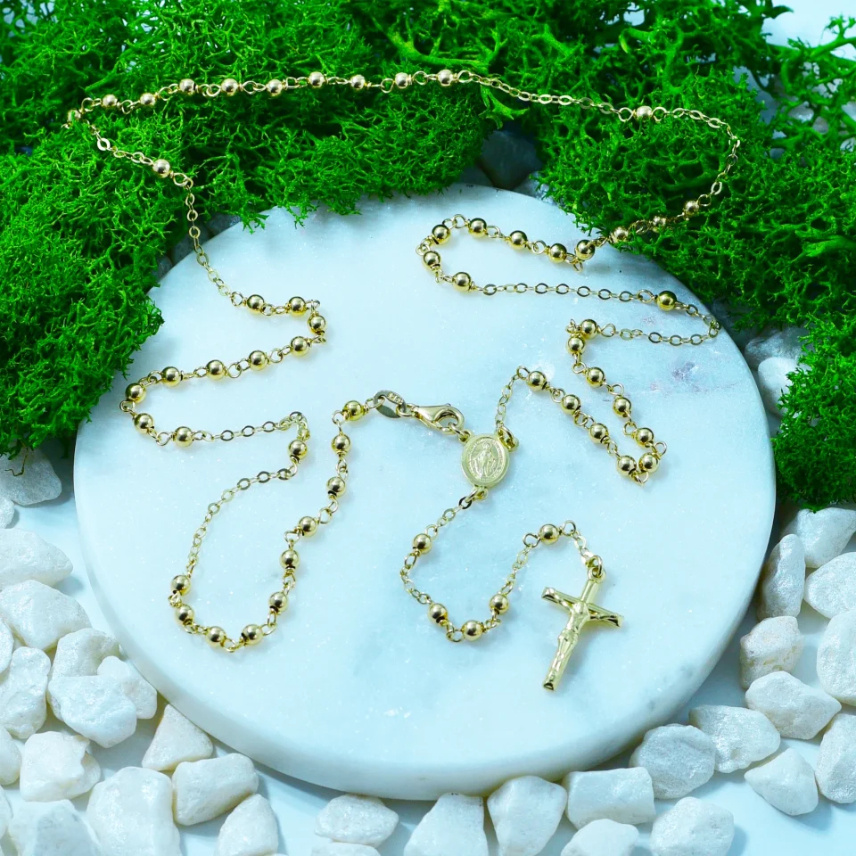 Rozar aur 14K dama 68cm cu crucifix si bile aur