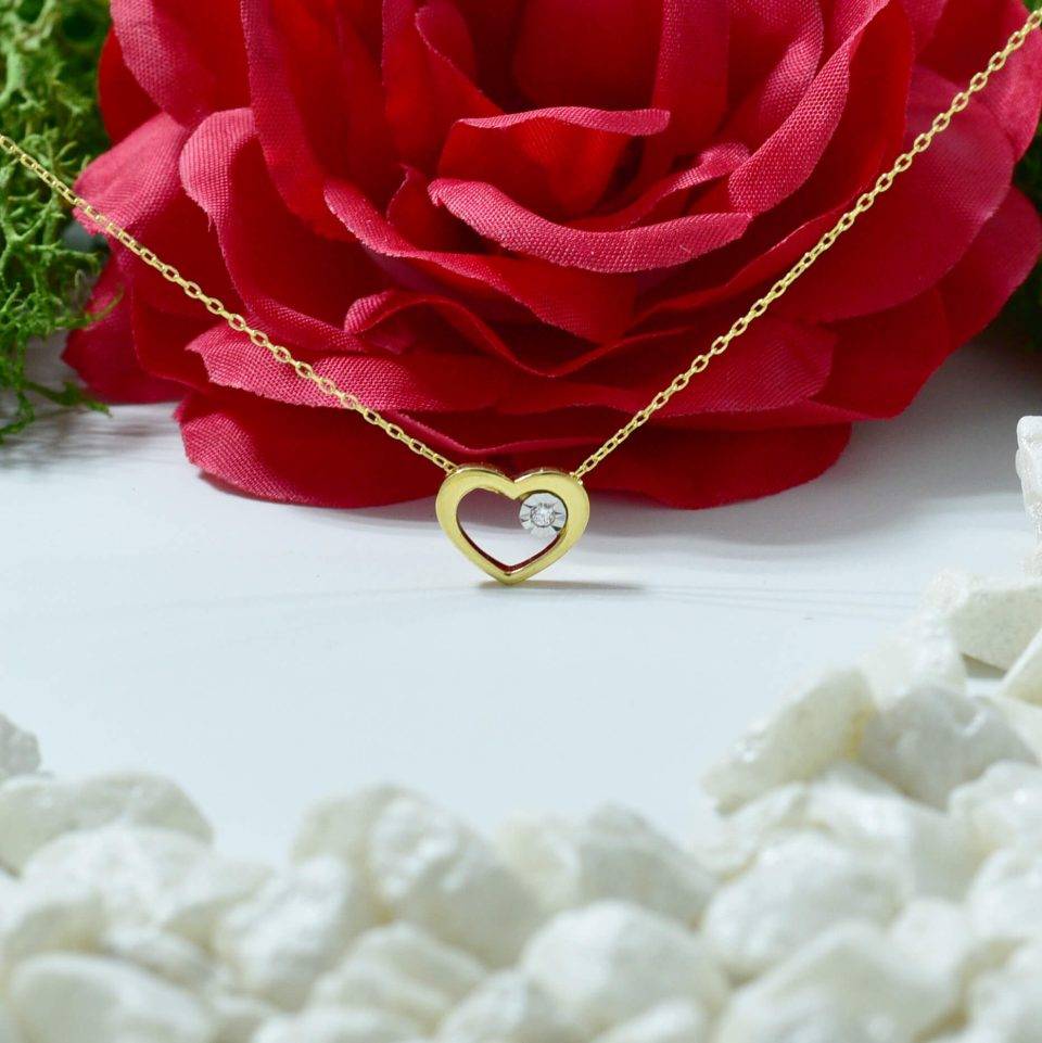 Lantisor cu inima aur galben 14K si diamant brilliant